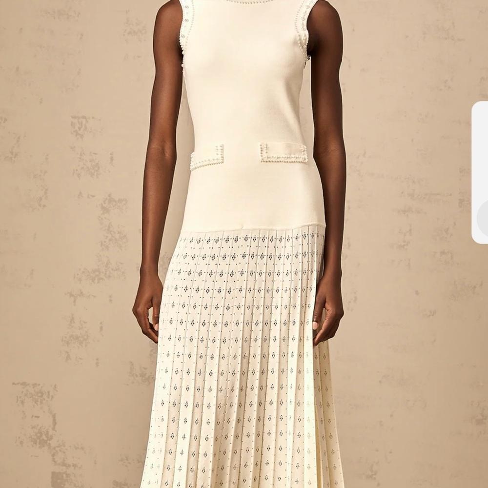 🌺🌺 NWT SANDRO Elegant Cream Sleeveless Dress WITH PERL DECORATION SIZE 40